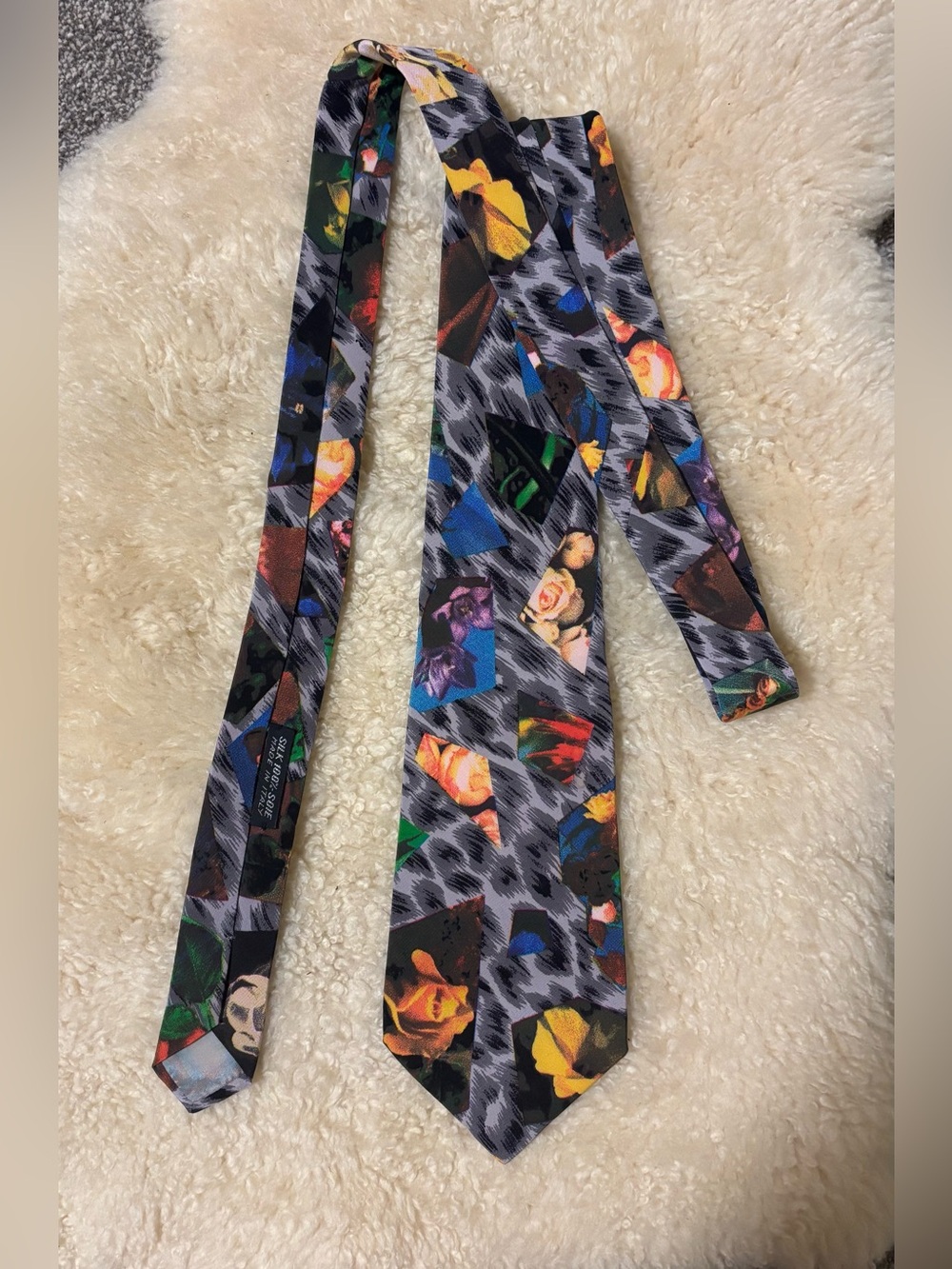 Brioni Multicolor Floral and Portrait Pattern Tie on Gray